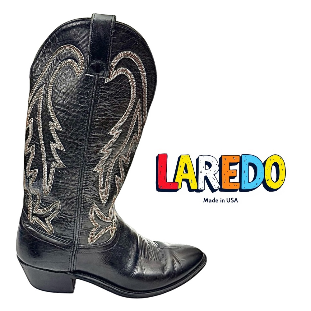 Laredo Black Leather Cowboy Western Boots Men’s Size 8D – Classic Durable Style
